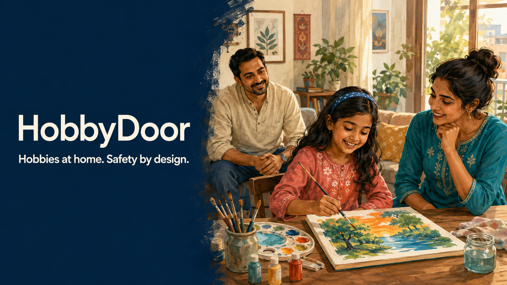A child painting at home with a tutor while a parent observes